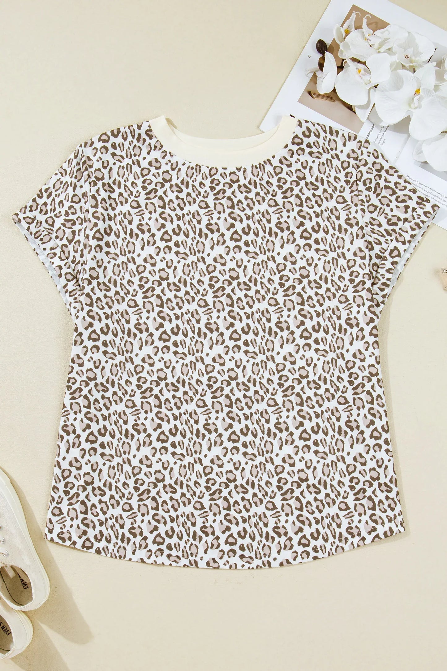 White Plus Size Leopard Print Round Neck T Shirt - Windgat