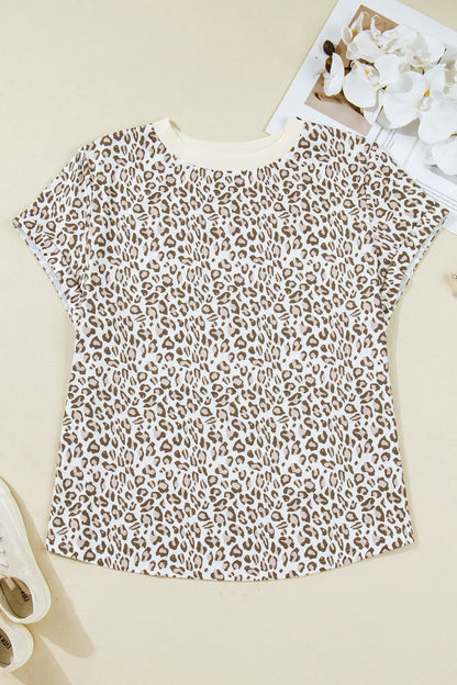 White Plus Size Leopard Print Round Neck T Shirt - Windgat