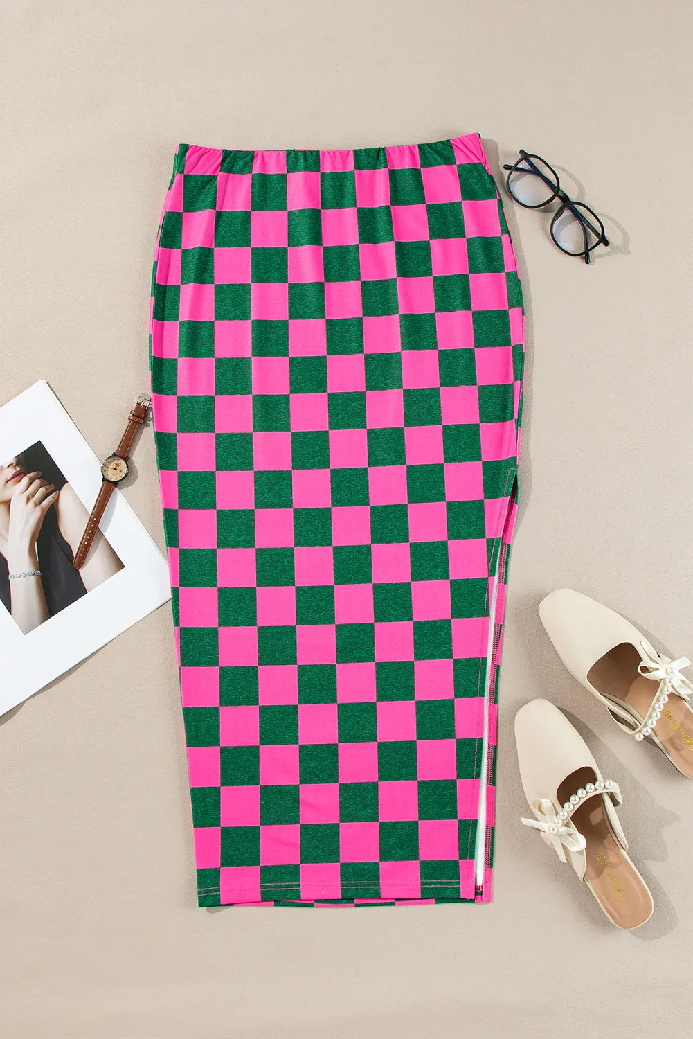 Rose Checkered Print Side Slit High Waist Midi Skirt - Windgat