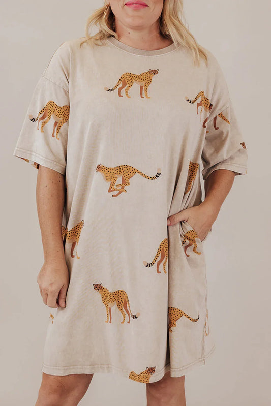 Apricot Plus Size Cheetah Print Side Pockets T Shirt Mini Dress - Windgat