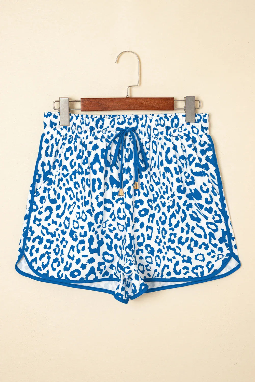 Blue Leopard Elastic Waistband Lace up Contrast Trim Casual Shorts - Windgat