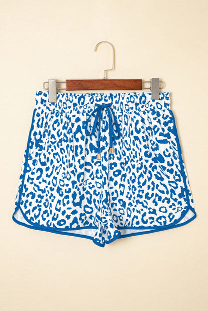 Blue Leopard Elastic Waistband Lace up Contrast Trim Casual Shorts - Windgat