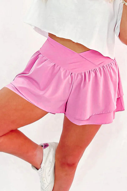 Bright Pink Crossed Waist Tiered Flowy Shorts - Windgat