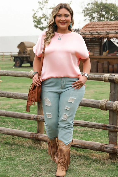 Pink Metallic Gloss Short Batwing Sleeve Plus Size Top - Windgat