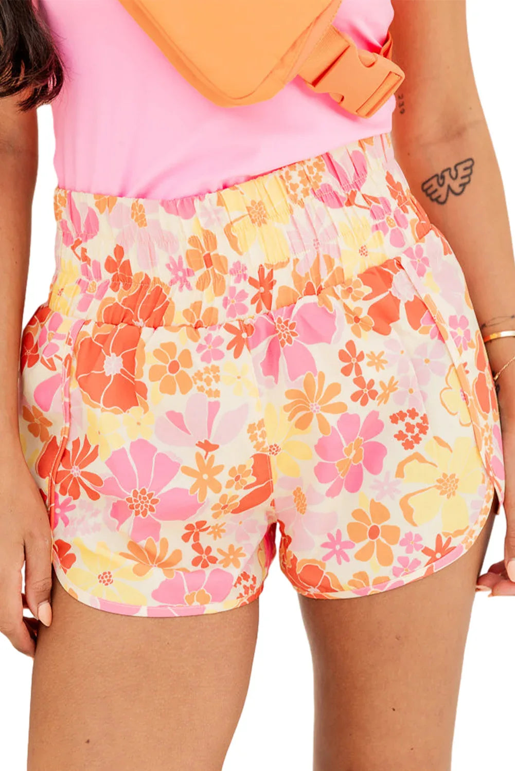Orange Boho Floral Shirred High Waist Casual Shorts - Windgat
