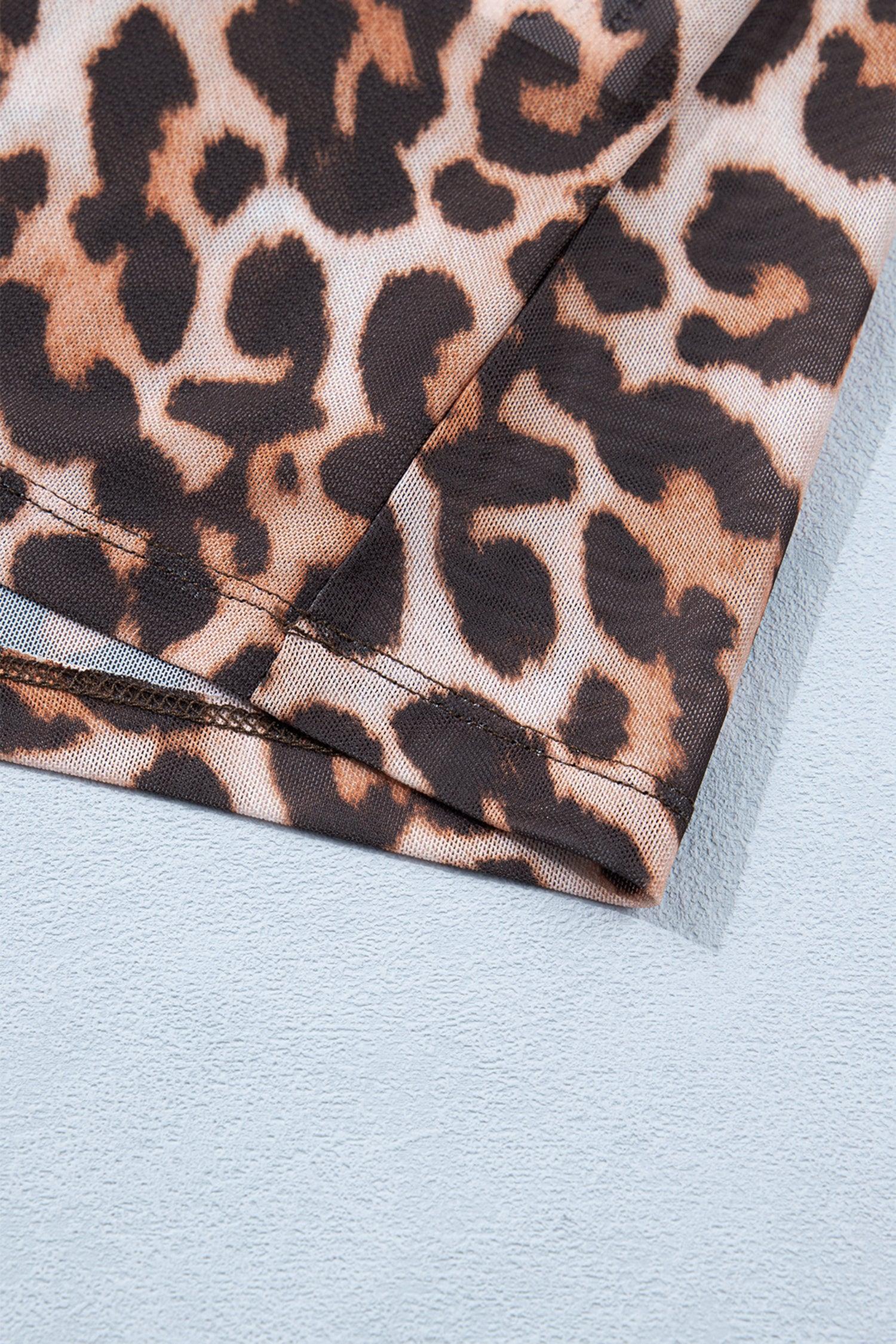 Brown Plus Size Mock Neck Leopard Mesh Top - Windgat