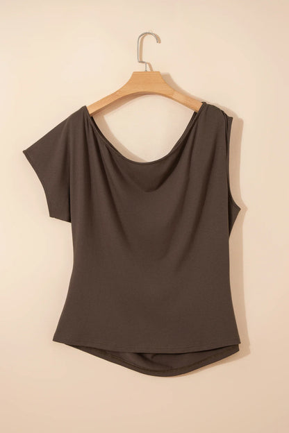 Gossamer Pink Plus Size Solid Color Asymmetric Neck Short Sleeve Blouse - Windgat