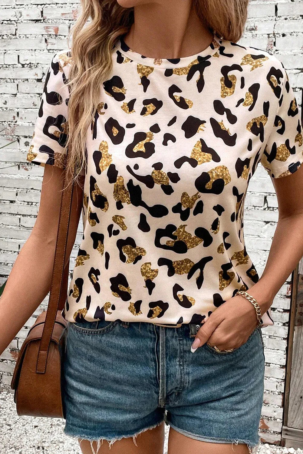 Apricot Leopard Print Round Neck Casual T Shirt - Windgat