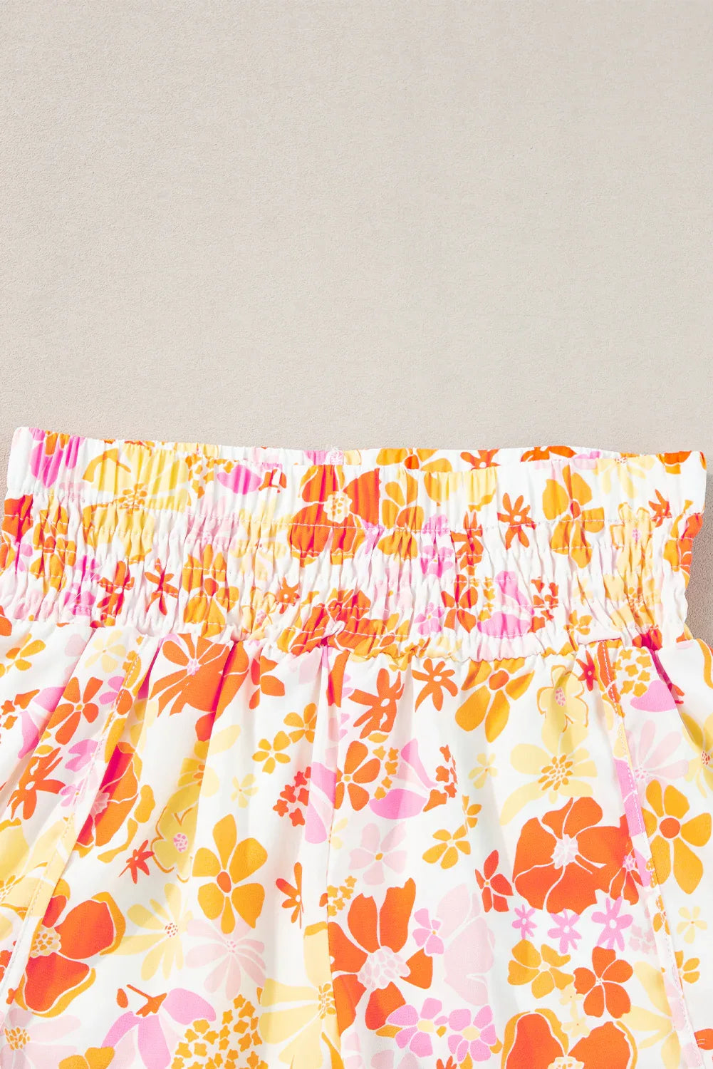 Orange Boho Floral Shirred High Waist Casual Shorts - Windgat