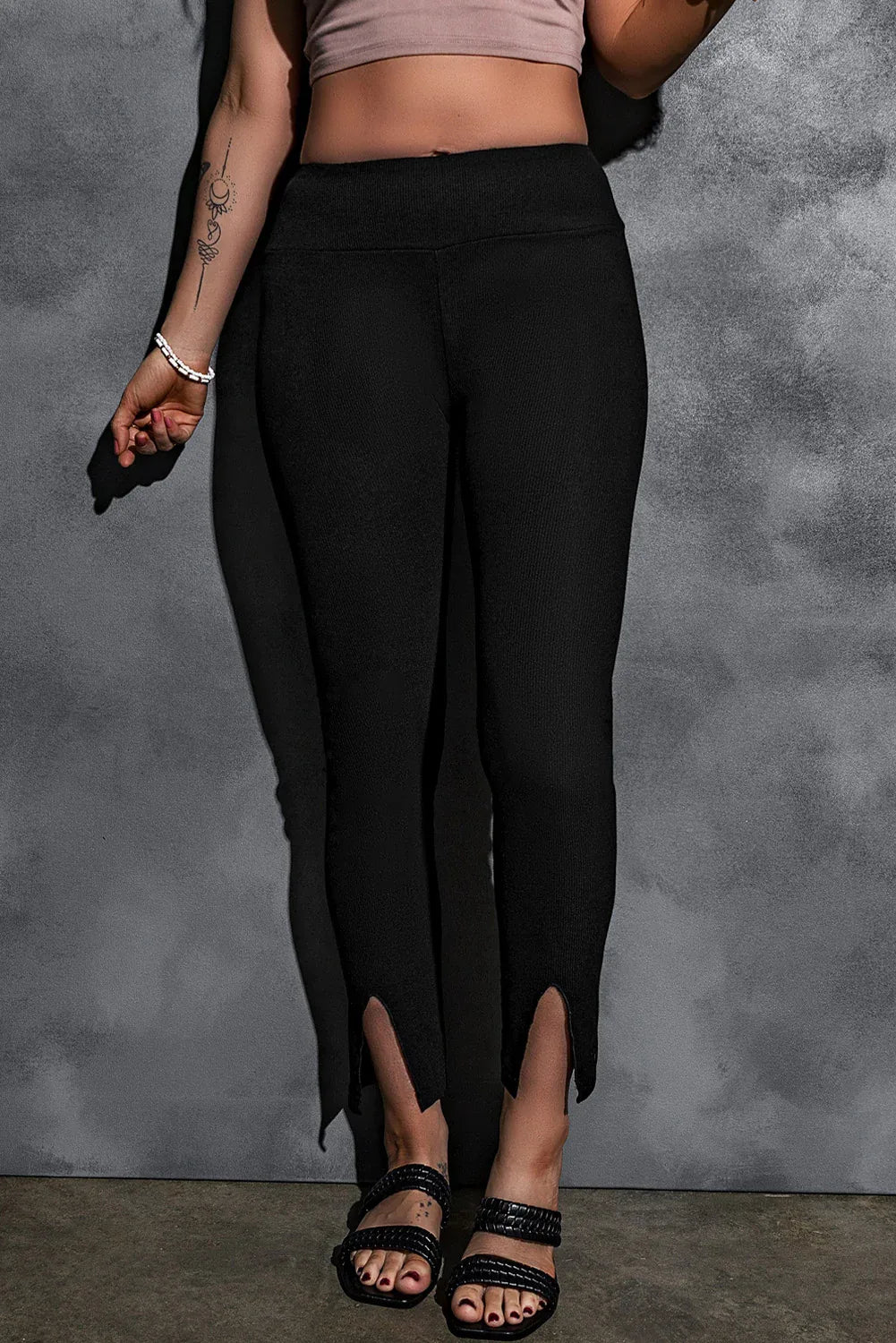 Black Rib Knit High Waist Slit Leggings - Windgat
