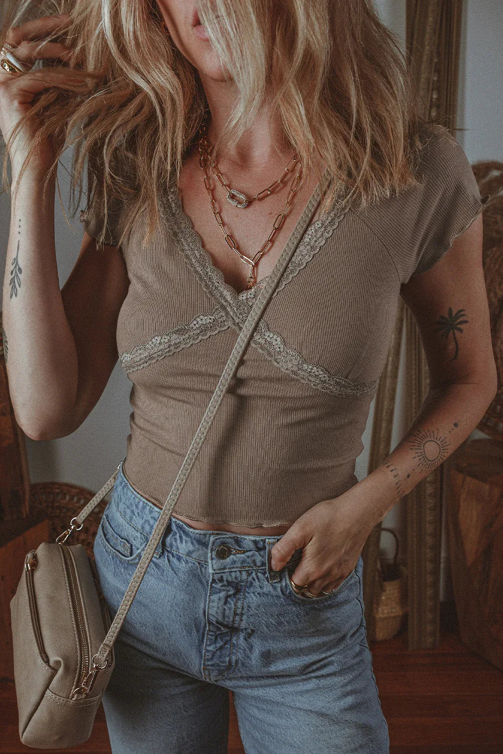 Dark Brown Lace Splicing Criss Cross Slim Fit V Neck T Shirt - Windgat