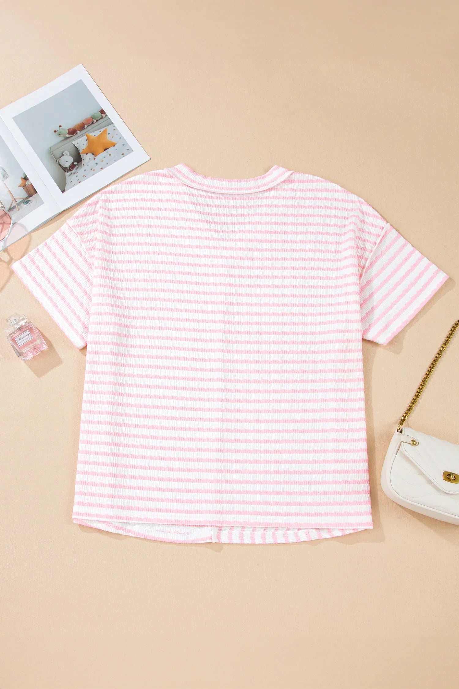 Pink Stripe Plus Size V Neck Exposed Seam Patchwork T Shirt - Windgat
