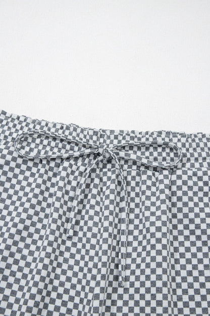 Gray Checkerboard Print Drawstring Elastic Waist Pocketed Shorts - Windgat