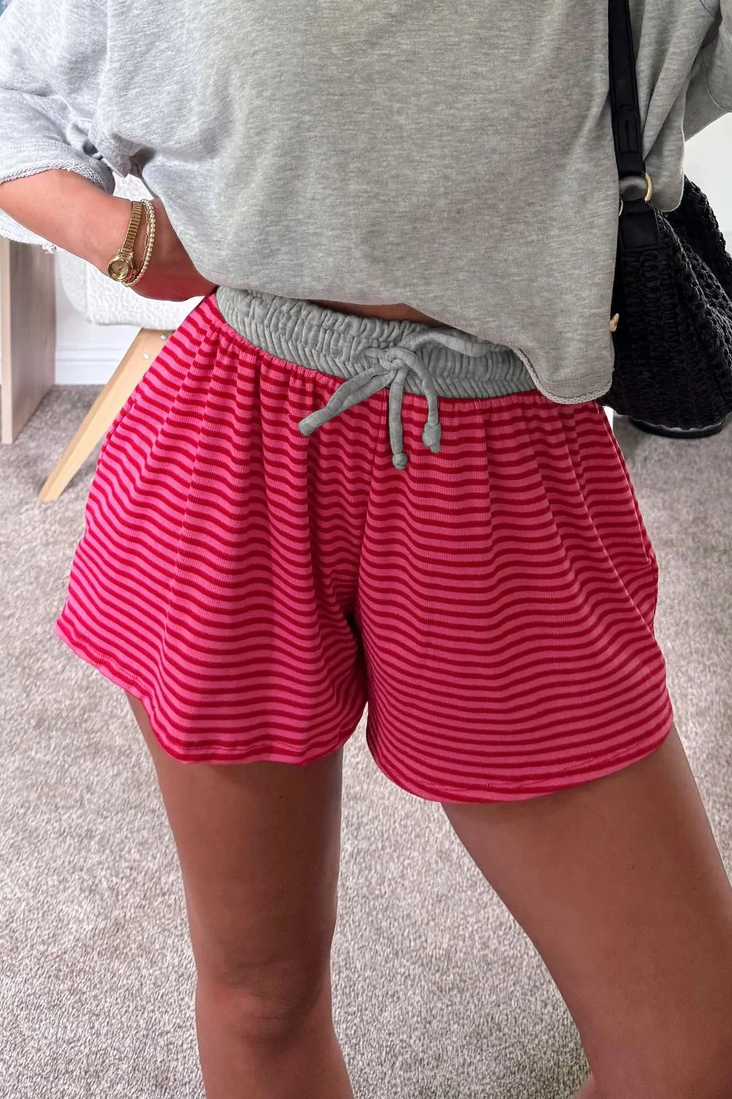 Rose Stripe Contrast Elastic Waist Casual Ribbed Shorts - Windgat