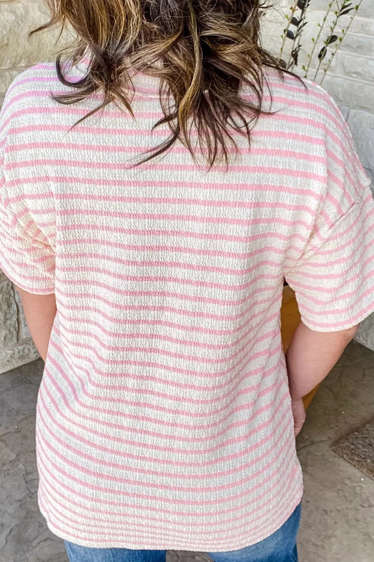 Pink Stripe Plus Size V Neck Exposed Seam Patchwork T Shirt - Windgat