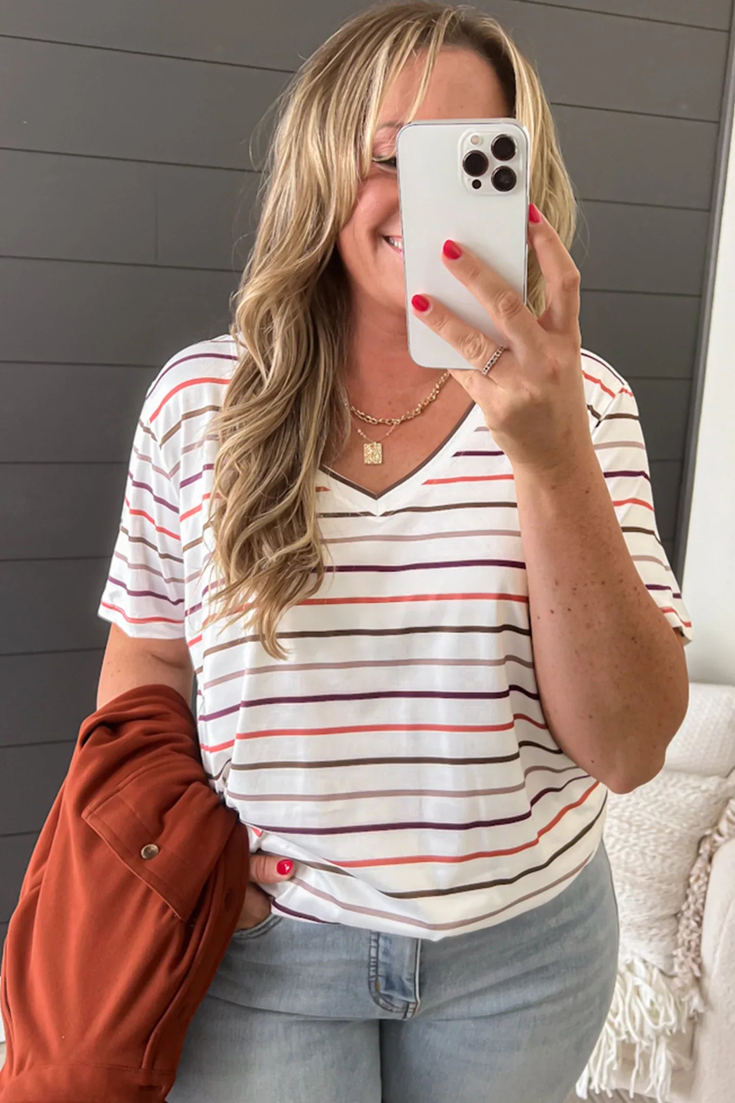 White Stripe V Neck Casual Plus Size Tee - Windgat