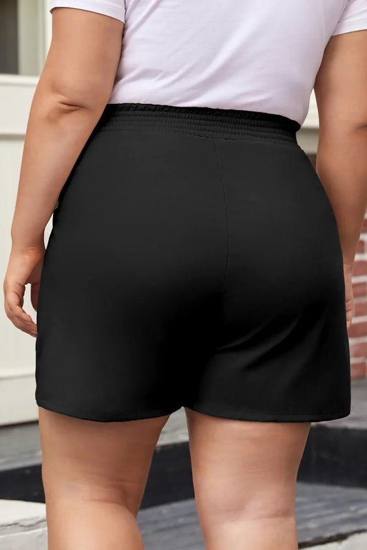 Black Plus Size Crossed Elastic Waist Cotton Linen Loose Shorts - Windgat