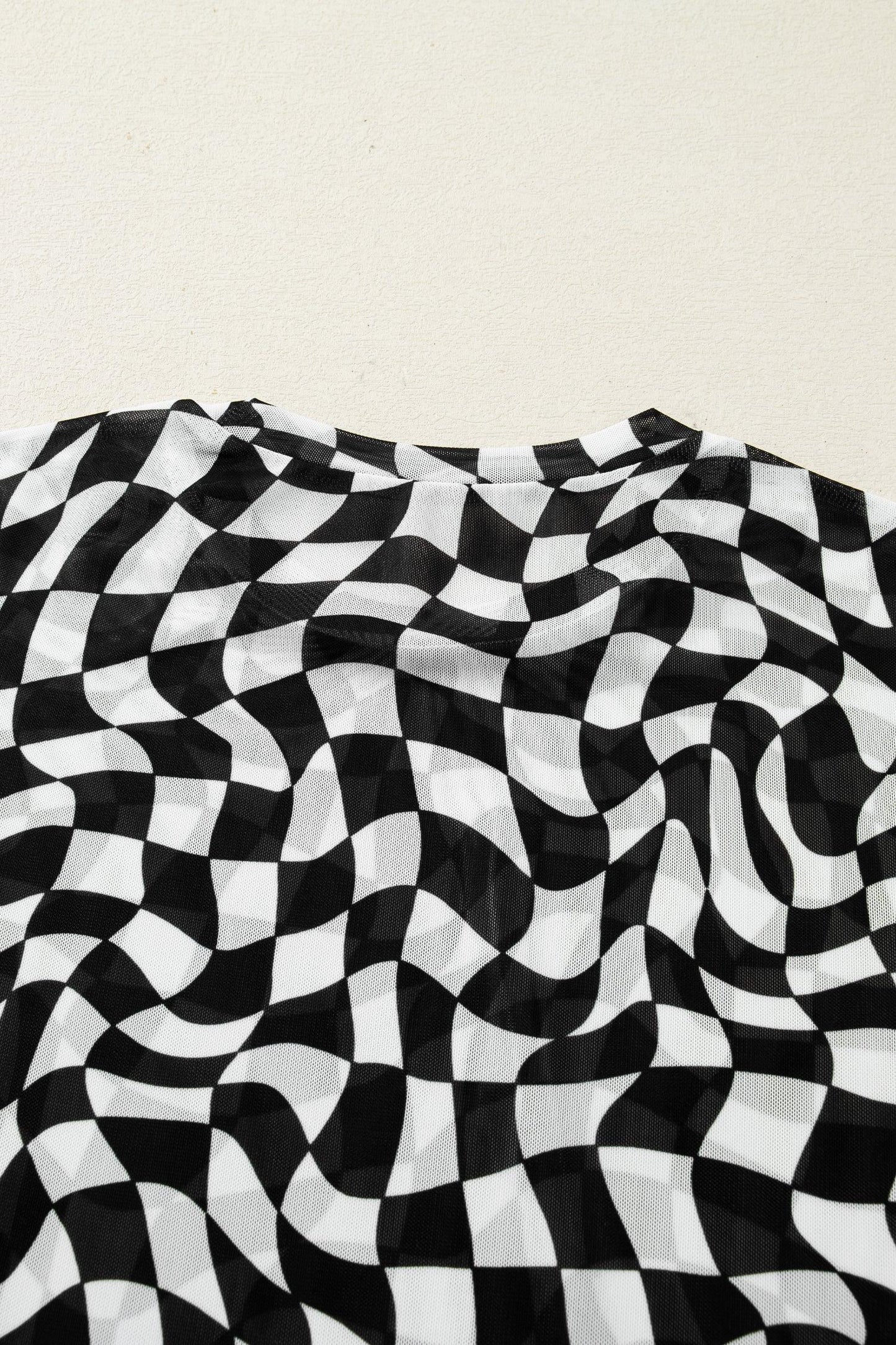 Black Checkered Print Mock Neck Mesh T Shirt - Windgat