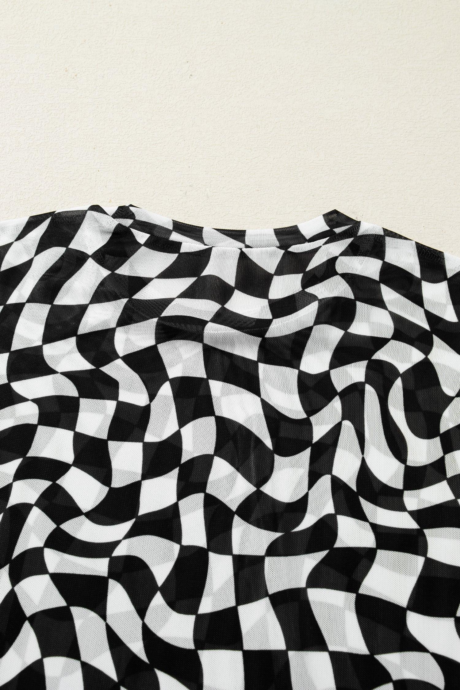 Black Checkered Print Mock Neck Mesh T Shirt - Windgat