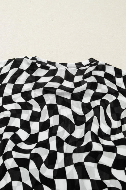 Black Checkered Print Mock Neck Mesh T Shirt - Windgat
