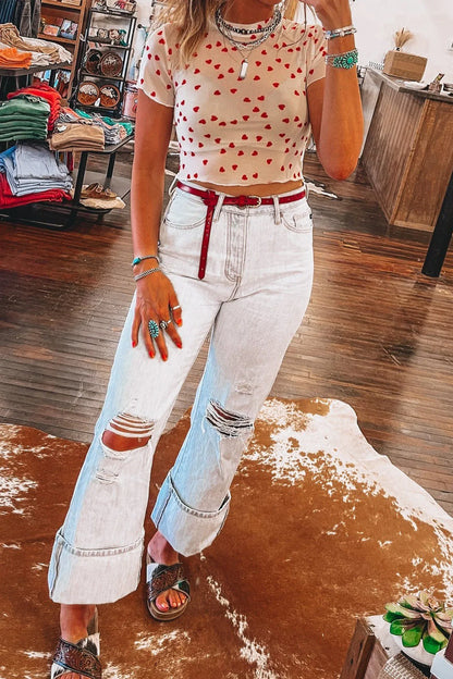 Racing Red Allover Heart Print Mesh Short Sleeve Top - Windgat