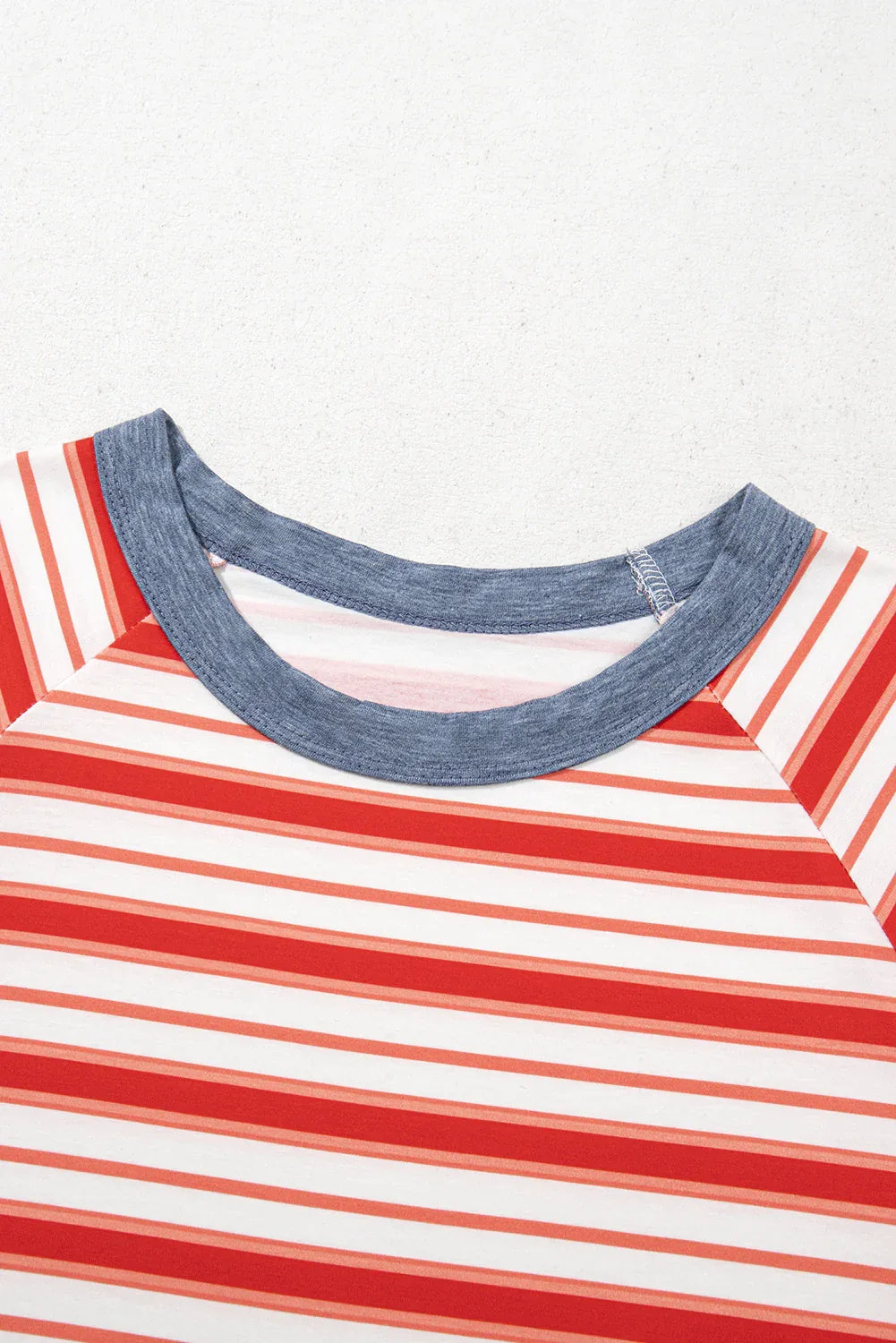 Tomato Red Stripe Print Contrast Collar Raglan Sleeve T Shirt - Windgat