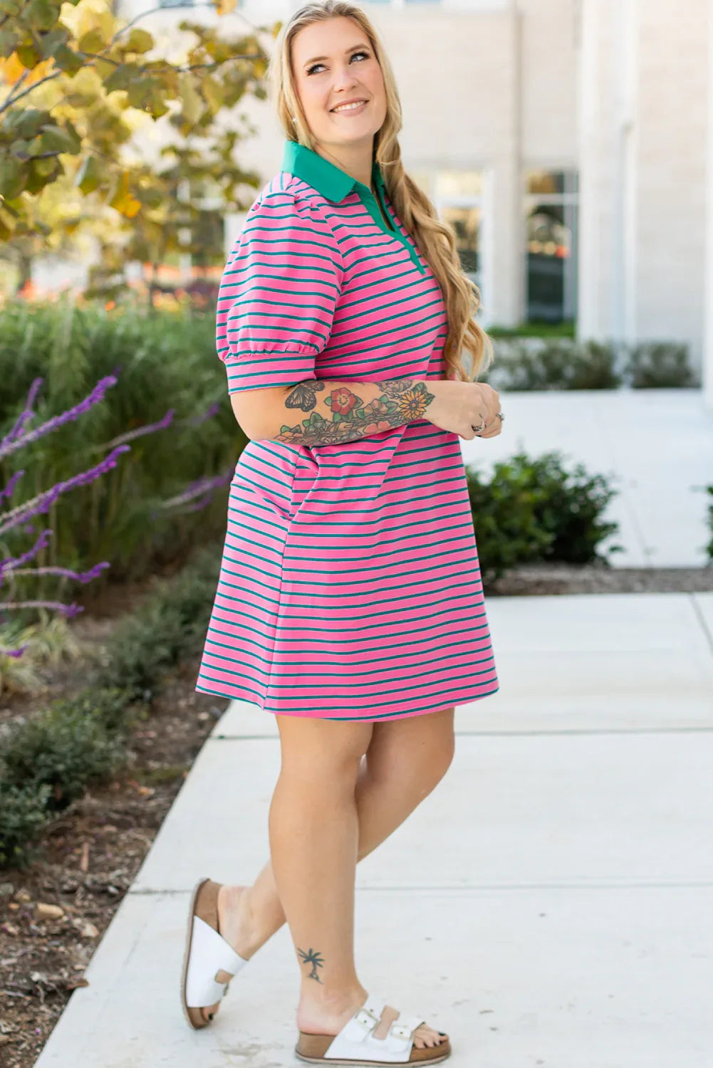 Rose Stripe Collared V Neck Puff Sleeve Shift T Shirt Dress with Pockets - Windgat