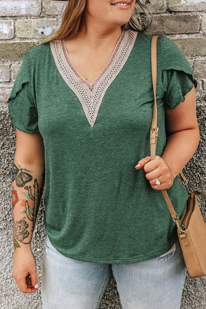 Blackish Green Plus Size Embroidery V Neck Draped Sleeve Blouse - Windgat