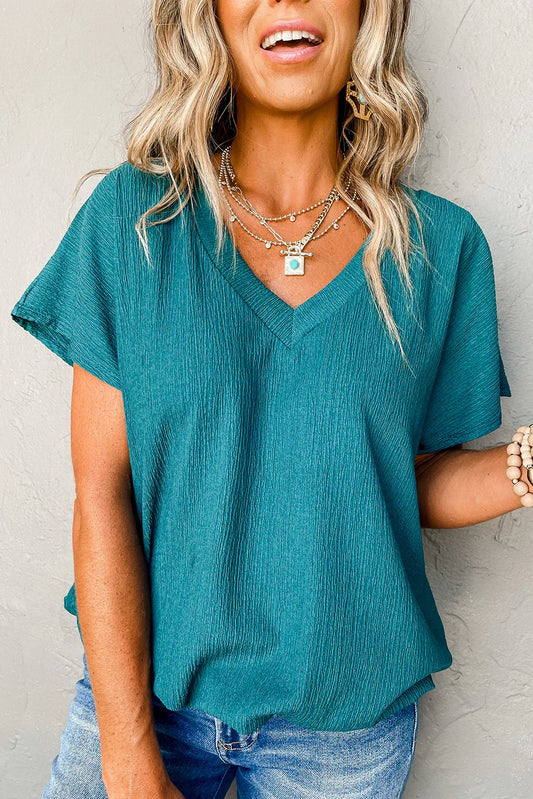 Blue Sapphire Crinkled V Neck Wide Sleeve T-shirt - Windgat
