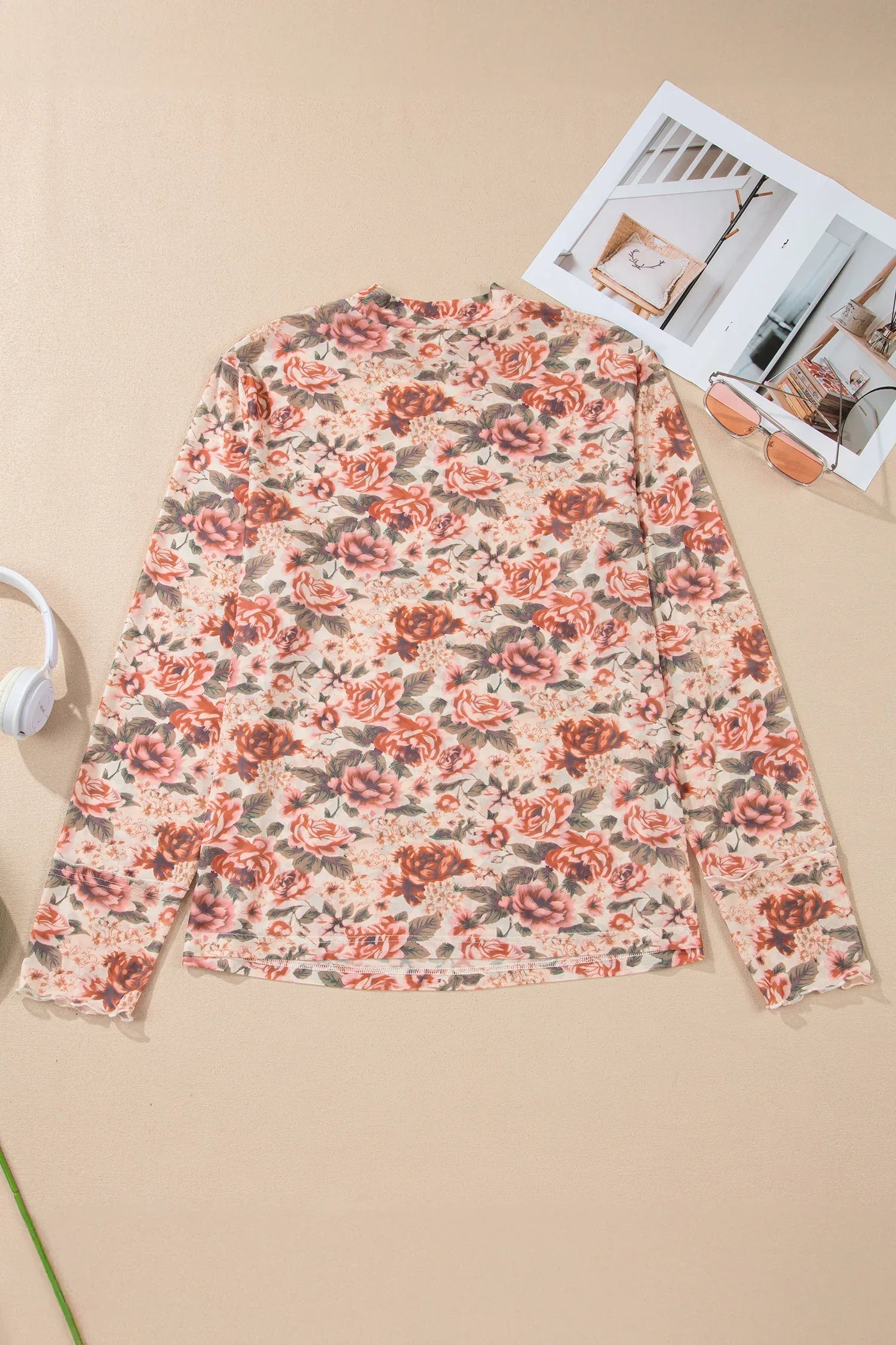 Pink Plus Size Floral Mock Neck Long Sleeve Slim Top - Windgat