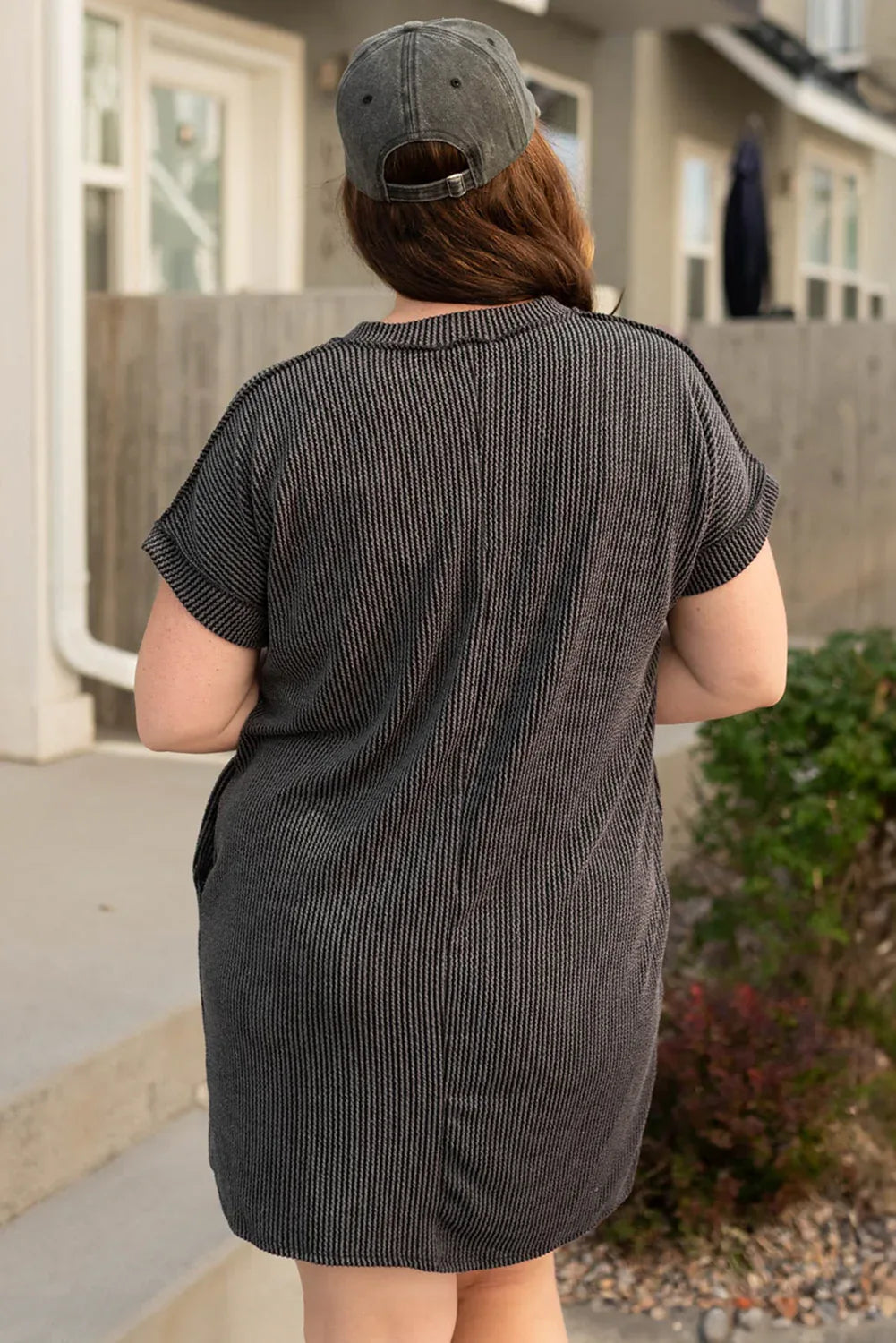 Carbon Grey Corded V Neck Plus Size T Shirt Dress with Pockets - Windgat