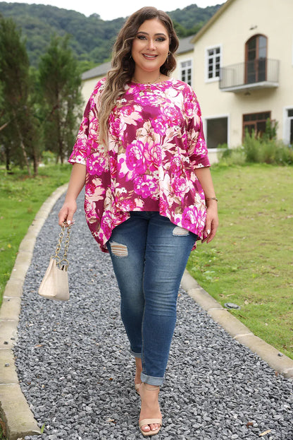 Red Floral Print Short Sleeve Plus Size Blouse - Windgat