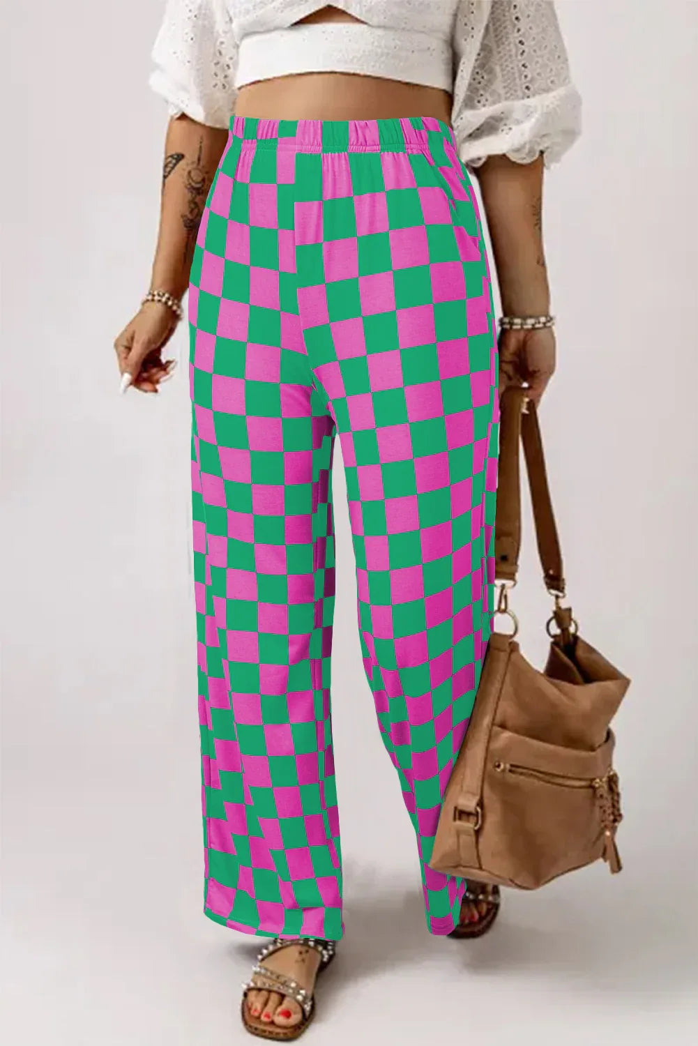 Green 2-Tone Checked Print High Waist Wide Leg Pants - Windgat