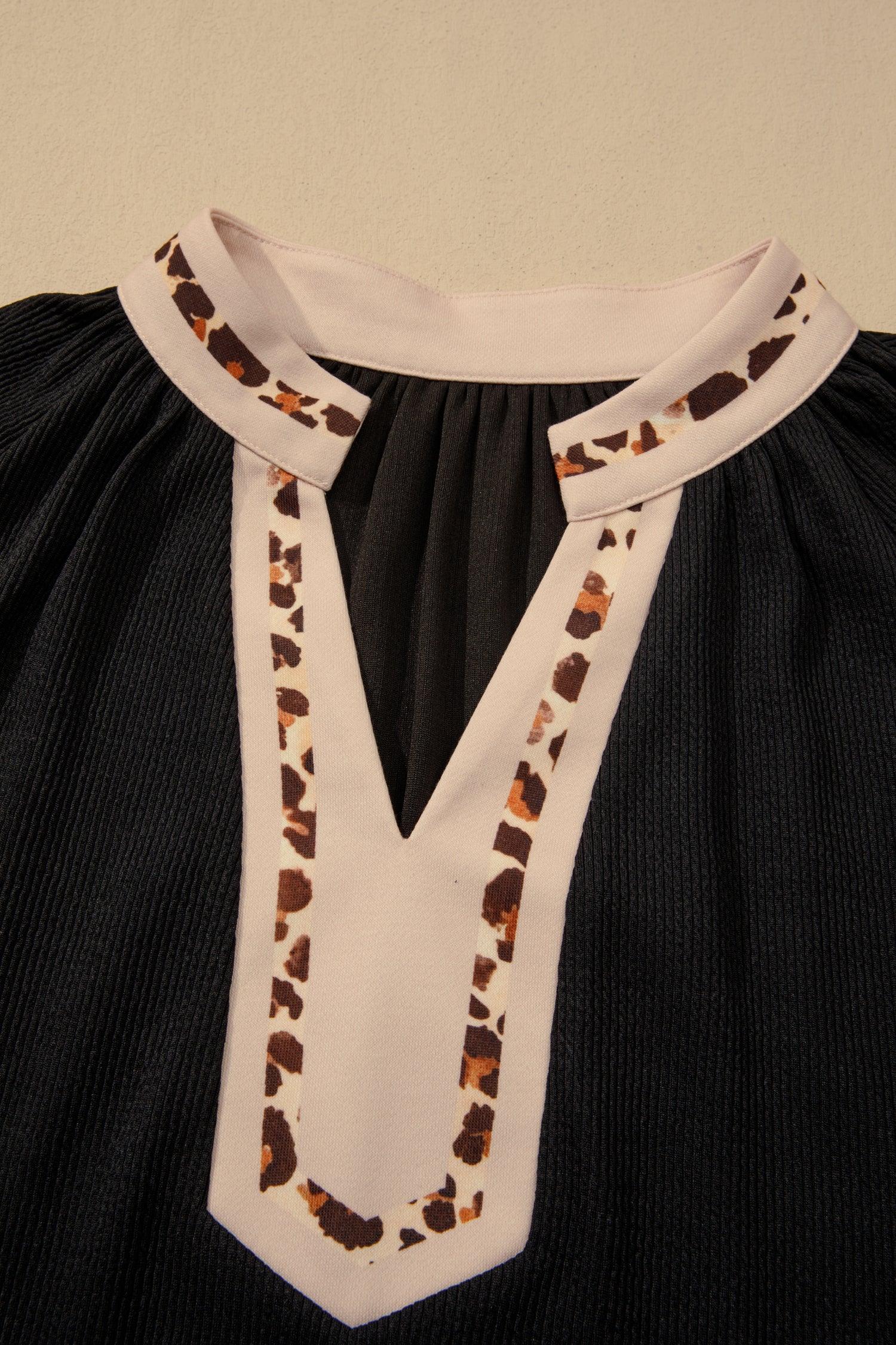 Black Contrast Color Block Leopard Trim Plus Size Ribbed Dress - Windgat