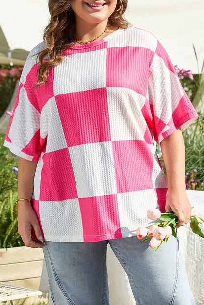 White Textured Checkerboard Round Neck Plus Size T Shirt - Windgat