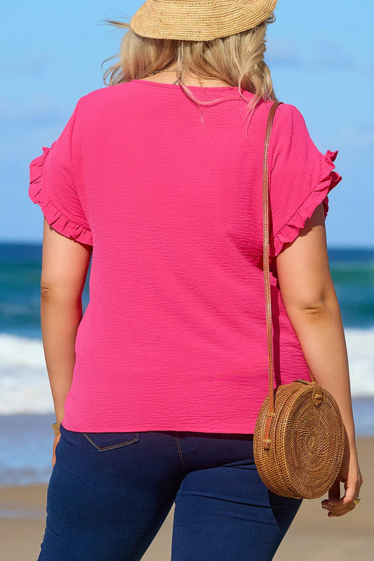Bright Pink Ruffled Short Sleeve Plus Size Top - Windgat