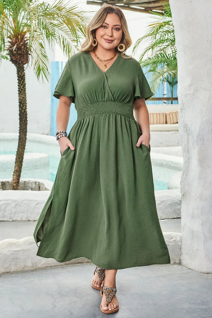 Four Leaf Clover Surplice Neckline Shirred High Waist Plus Size Maxi Dress - Windgat