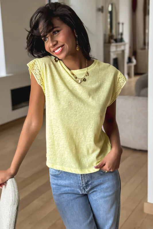 Yellow Cream Lace Patchwork Cap Sleeve Round Neck T Shirt - Windgat