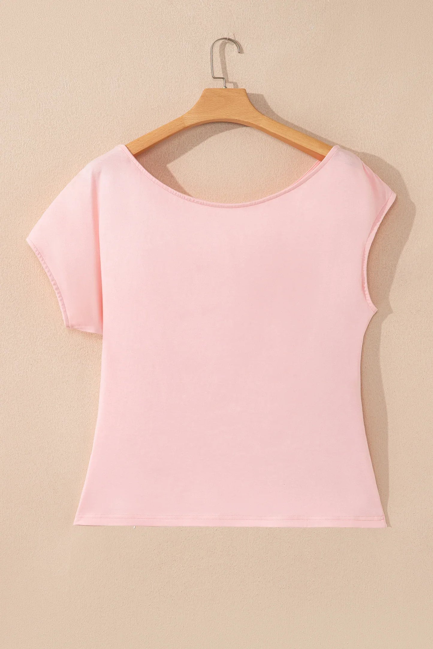 Gossamer Pink Plus Size Solid Color Asymmetric Neck Short Sleeve Blouse - Windgat