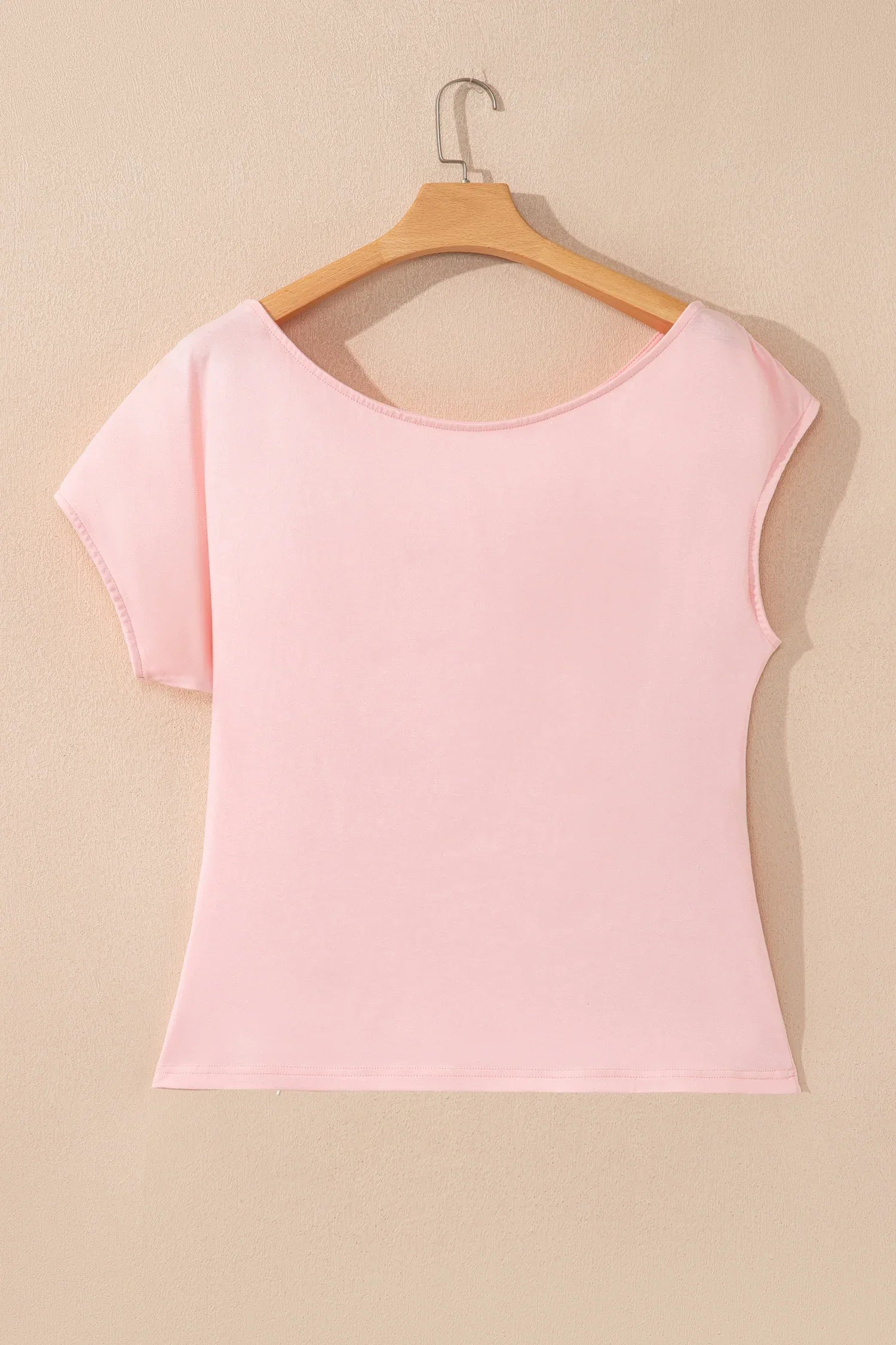 Gossamer Pink Plus Size Solid Color Asymmetric Neck Short Sleeve Blouse - Windgat