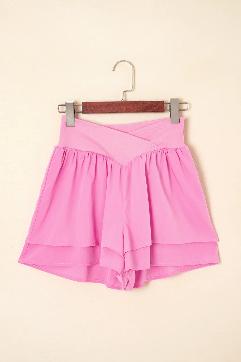 Bright Pink Crossed Waist Tiered Flowy Shorts - Windgat
