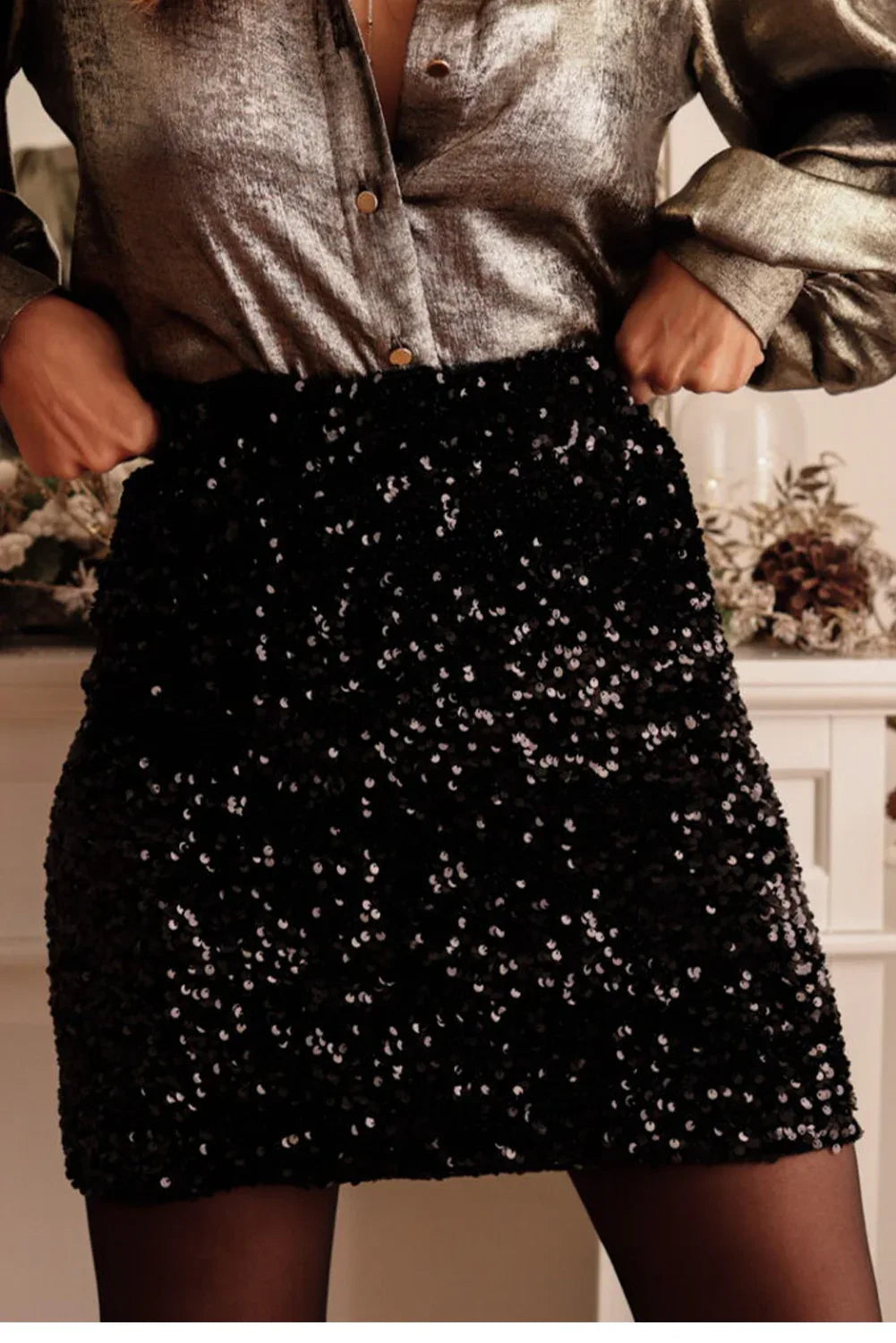Black Sequin Bodycon Mini Skirt - Windgat