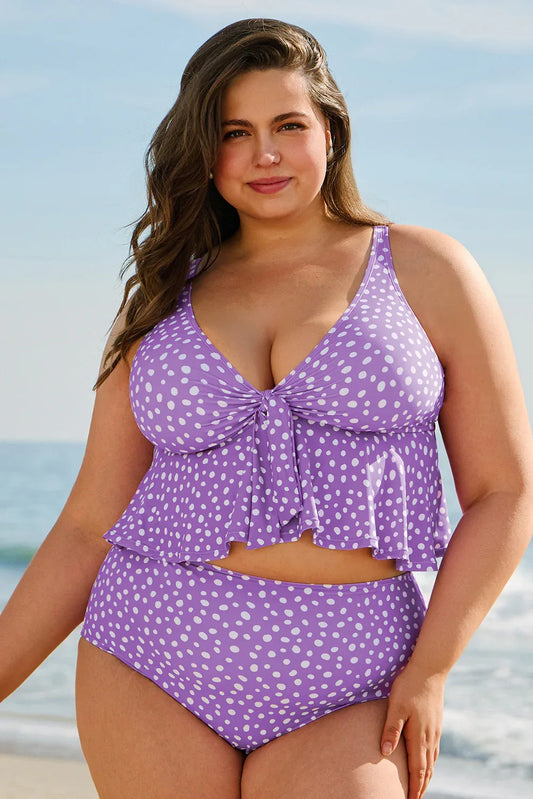 Purple Plus Size Polka Dot Print Ruffled Knotted V Neck Tankini Set - Windgat