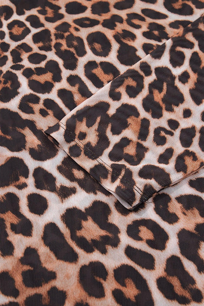 Brown Plus Size Mock Neck Leopard Mesh Top - Windgat