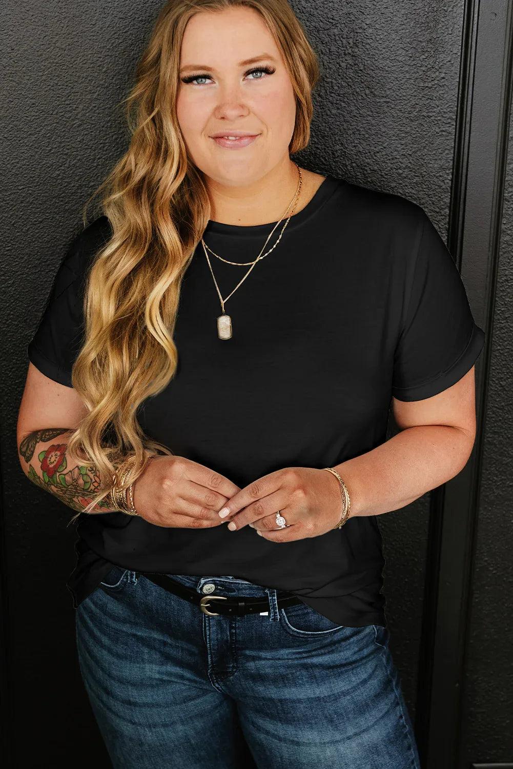 Iceland Blue Round Neck Rolled Sleeve Plus Size T-shirt - Windgat