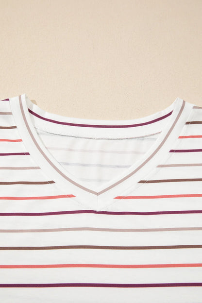 White Stripe V Neck Casual Plus Size Tee - Windgat