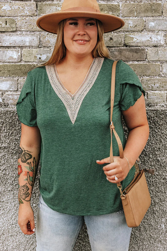 Blackish Green Plus Size Embroidery V Neck Draped Sleeve Blouse - Windgat