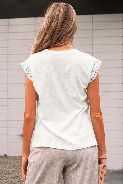 Yellow Cream Lace Patchwork Cap Sleeve Round Neck T Shirt - Windgat