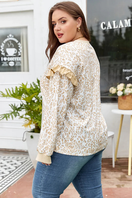 Khaki Plus Size Ruffled Arm Leopard Sweatshirt - Windgat