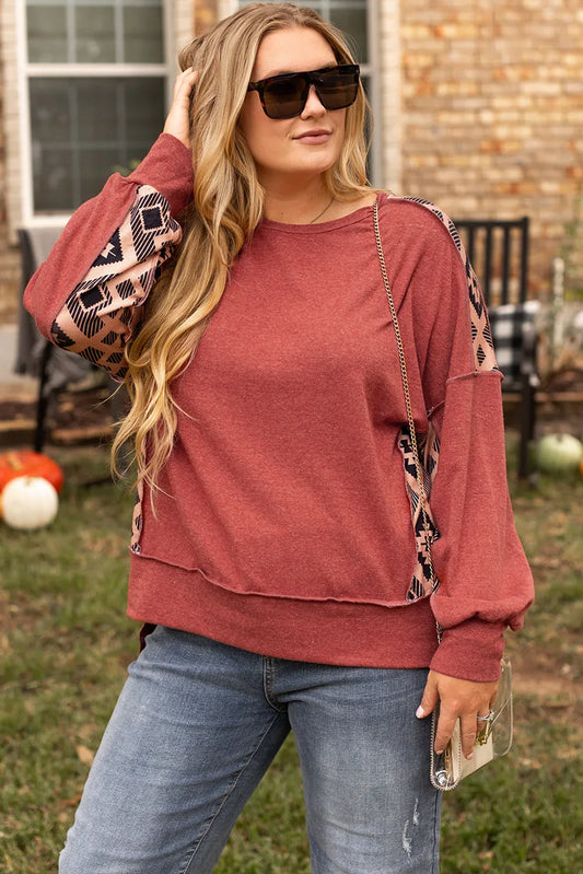 Redwood Burl Aztec Patchwork Drop Shoulder Plus Size High Low Sweatshirt - Windgat